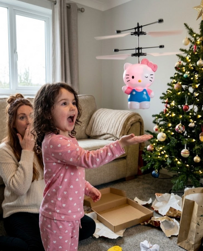 Enfant qui fait voler le Velora FlyHero Pro le matin de Noël