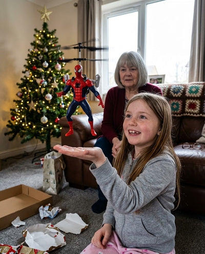 Enfant qui fait voler le Velora FlyHero Pro le matin de Noël