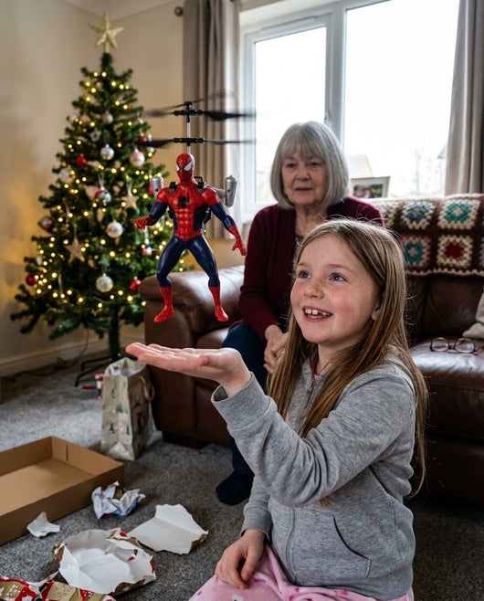 Enfant qui fait voler le Velora FlyHero Pro le matin de Noël