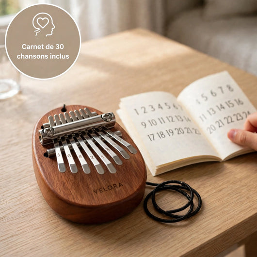 Kalimba Velora™ | 8 lames, carnet des 30 chansons offert, première chanson le soir même